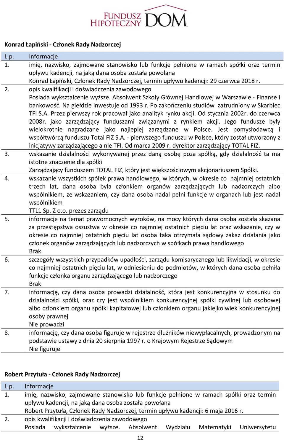 kadencji: 29 czerwca 2018 r. 2. opis kwalifikacji i doświadczenia zawodowego Posiada wykształcenie wyższe. Absolwent Szkoły Głównej Handlowej w Warszawie Finanse i bankowość.