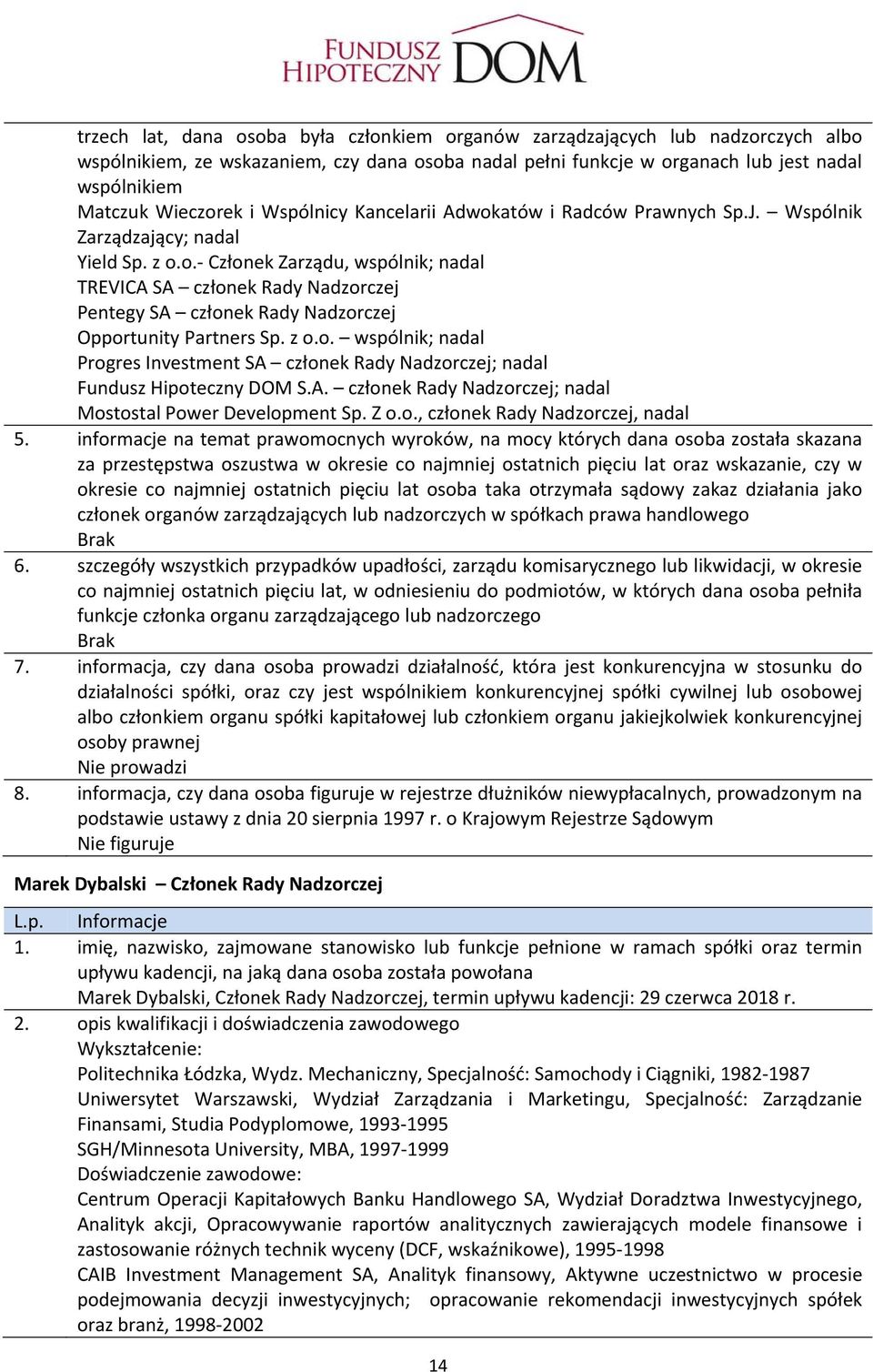 z o.o. wspólnik; nadal Progres Investment SA członek Rady Nadzorczej; nadal Fundusz Hipoteczny DOM S.A. członek Rady Nadzorczej; nadal Mostostal Power Development Sp. Z o.o., członek Rady Nadzorczej, nadal 5.