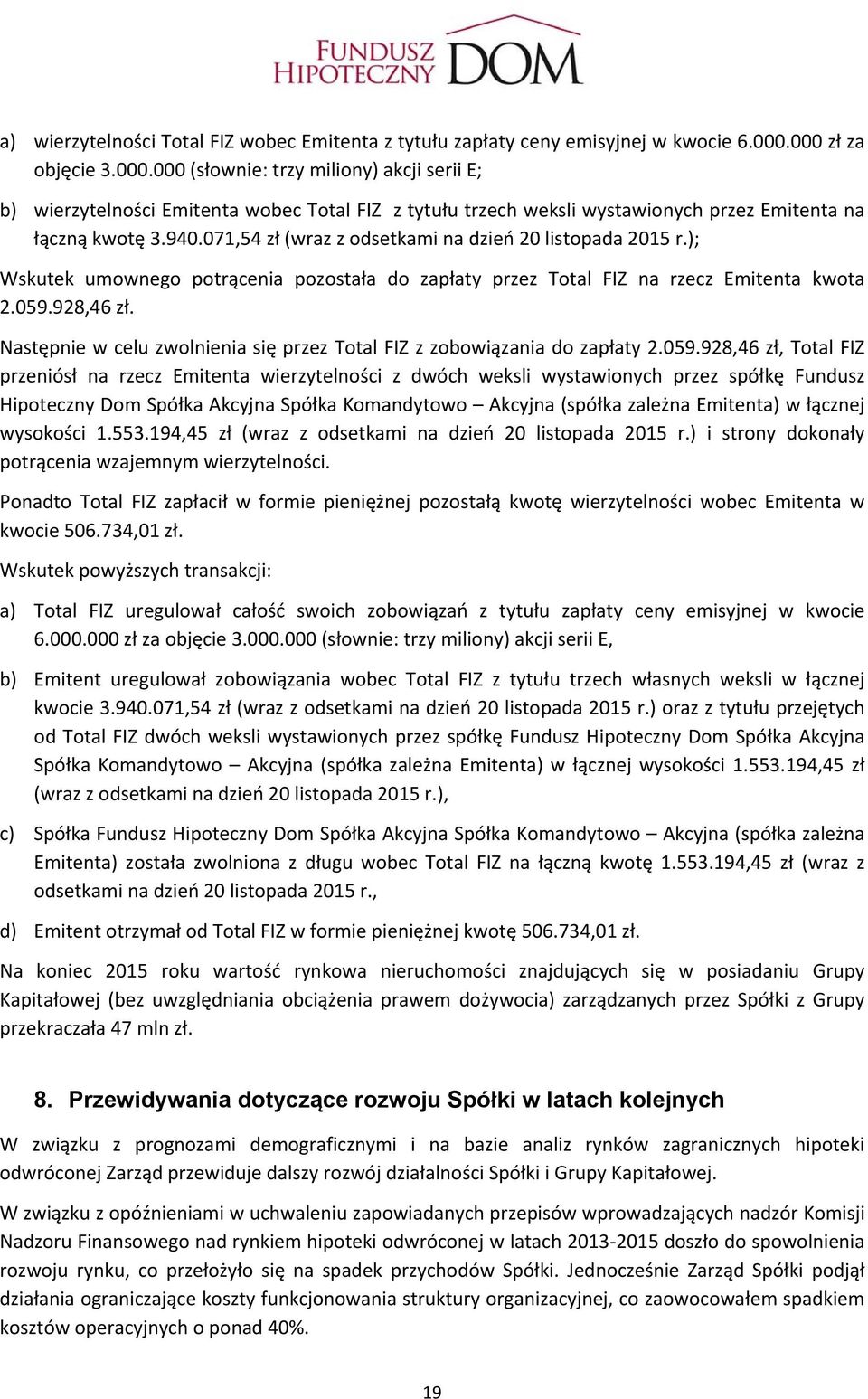 071,54 zł (wraz z odsetkami na dzień 20 listopada 2015 r.); Wskutek umownego potrącenia pozostała do zapłaty przez Total FIZ na rzecz Emitenta kwota 2.059.928,46 zł.