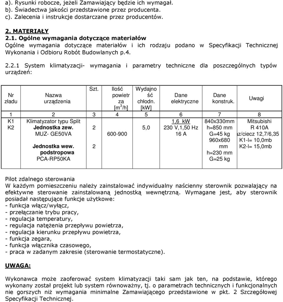 2.1 System klimatyzacji- wymagania i parametry techniczne dla poszczególnych typów urządzeń: Nr zładu Nazwa urządzenia Szt. Ilość powietr za [m 3 /h] Wydajno ść chłodn.