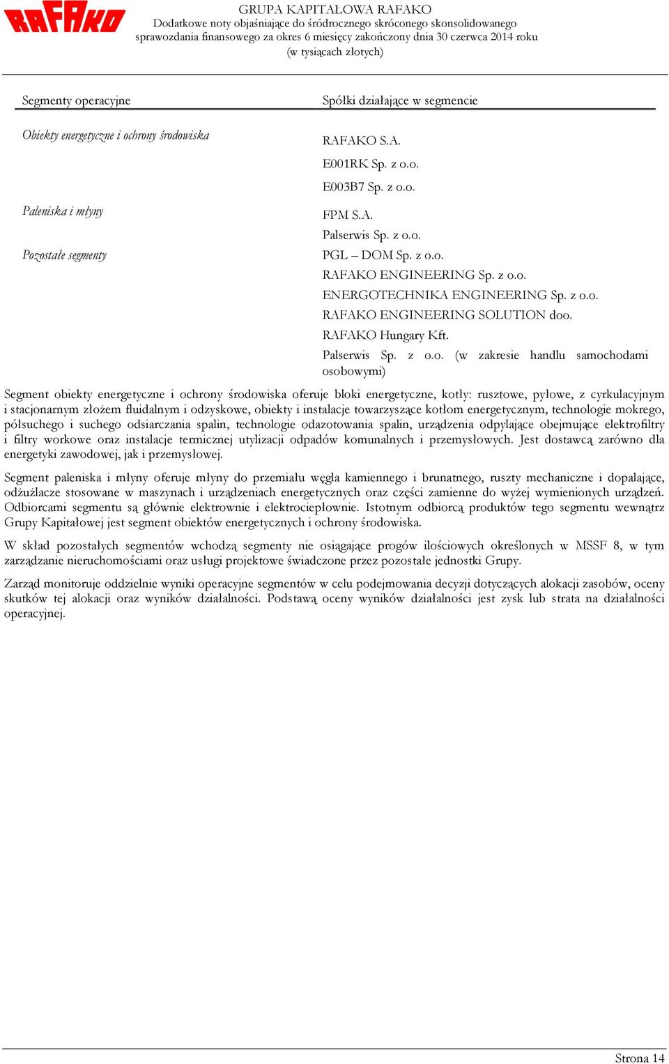 osobowymi) Segment obiekty energetyczne i ochrony środowiska oferuje bloki energetyczne, kotły: rusztowe, pyłowe, z cyrkulacyjnym i stacjonarnym złożem fluidalnym i odzyskowe, obiekty i instalacje