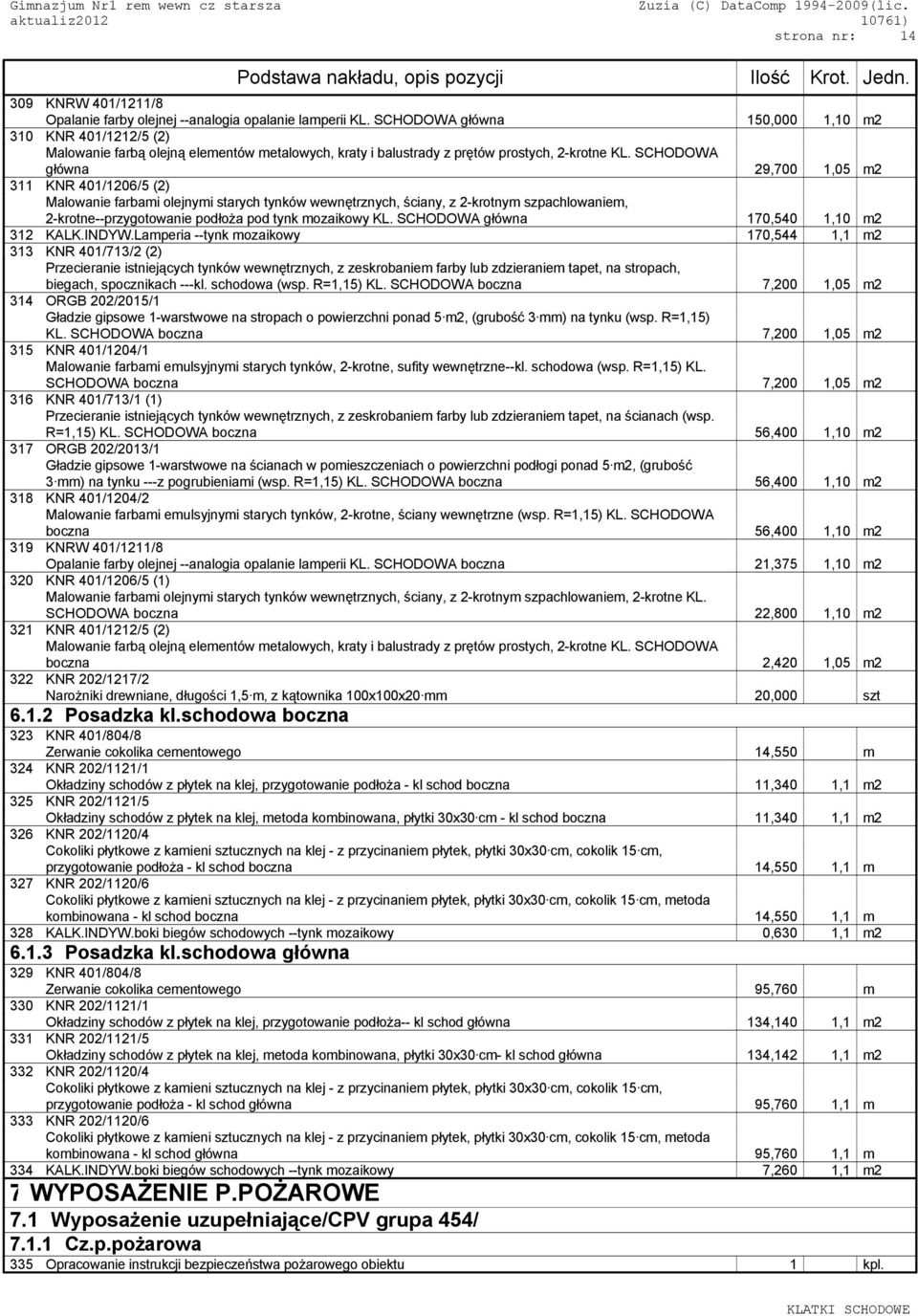 SCHODOWA główna 29,700 1,05 m2 311 KNR 401/1206/5 (2) Malowanie farbami olejnymi starych tynków wewnętrznych, ściany, z 2-krotnym szpachlowaniem, 2-krotne--przygotowanie podłoża pod tynk mozaikowy KL.