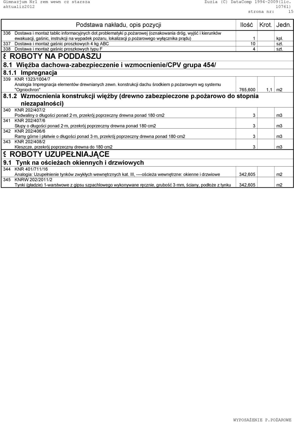 1 Więźba dachowa-zabezpieczenie i wzmocnienie/cpv grupa 454/ 8.1.1 Impregnacja 339 KNR 1323/1004/7 Analogia Impregnacja elementów drewnianych zewn. konstrukcji dachu środkiem p.