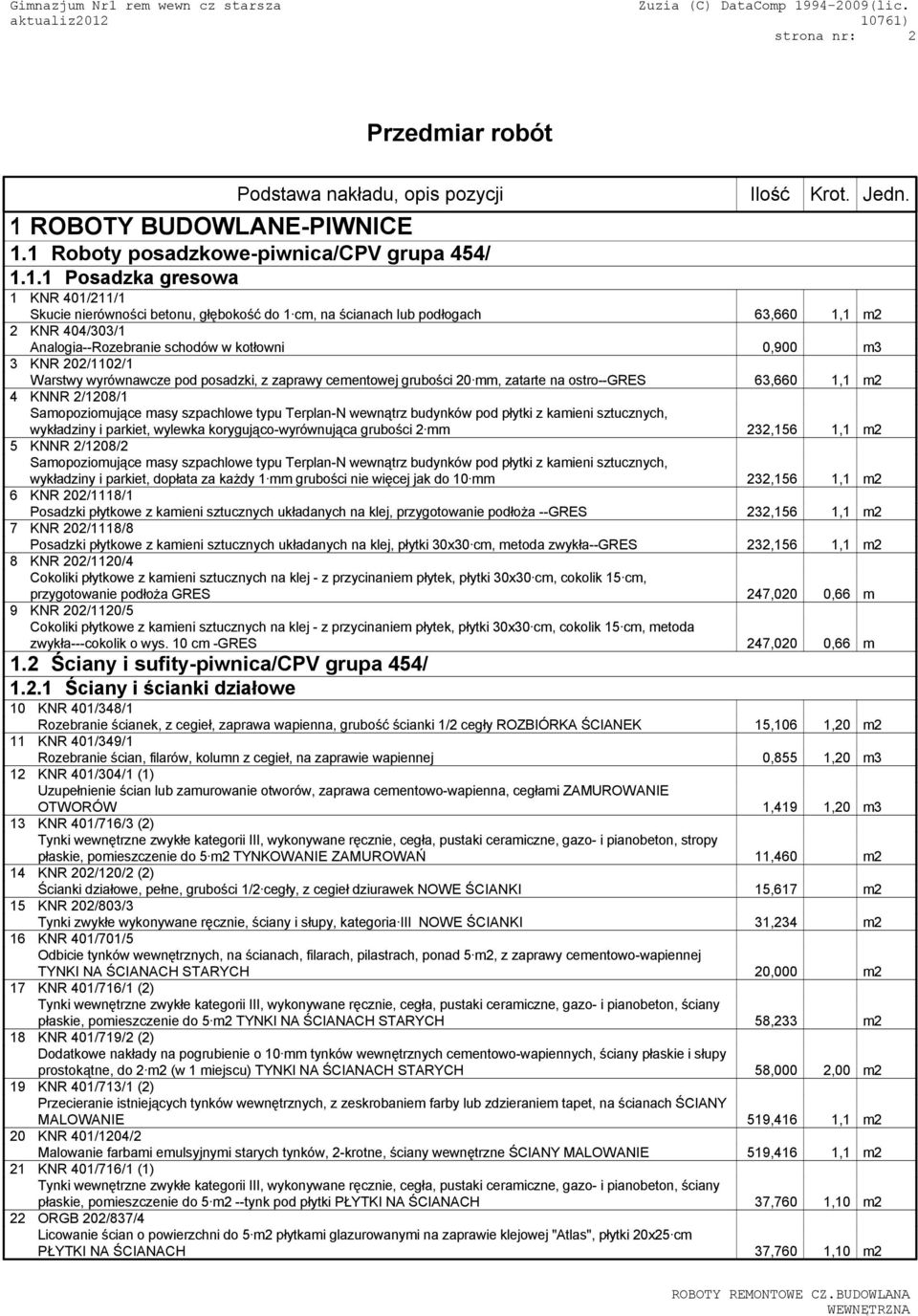 1 Roboty posadzkowe-piwnica/cpv grupa 454/ 1.1.1 Posadzka gresowa 1 KNR 401/211/1 Skucie nierówności betonu, głębokość do 1 cm, na ścianach lub podłogach 63,660 1,1 m2 2 KNR 404/303/1