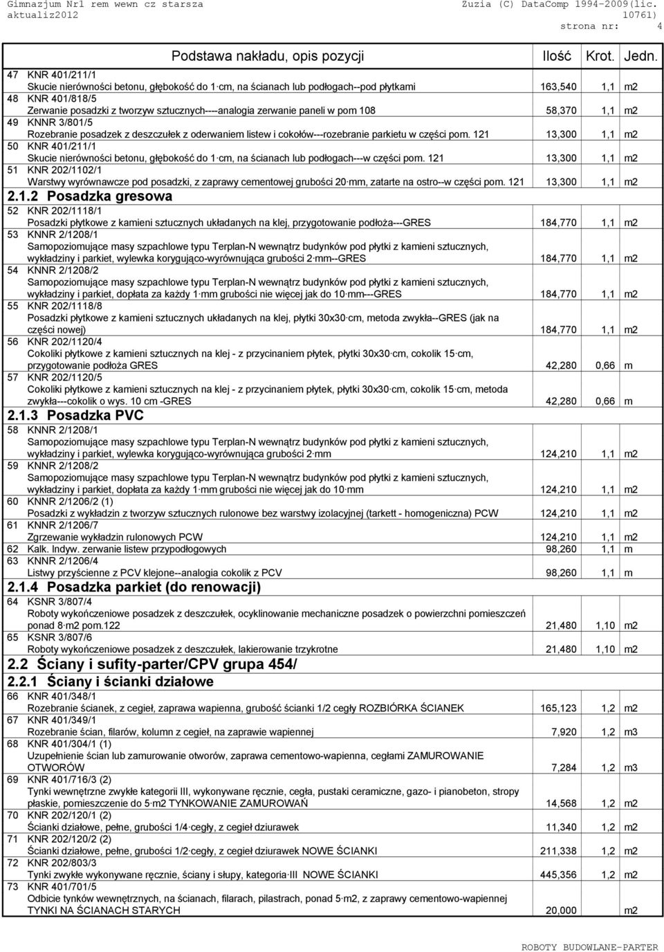 121 13,300 1,1 m2 50 KNR 401/211/1 Skucie nierówności betonu, głębokość do 1 cm, na ścianach lub podłogach---w części pom.