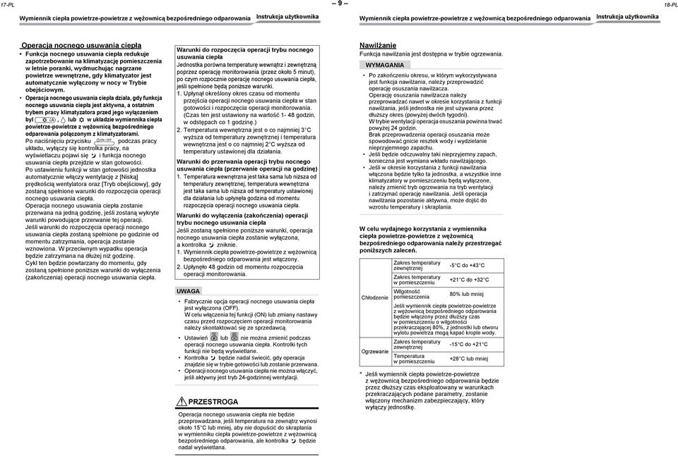 Operacja nocnego usuwania ciepła działa, gdy funkcja nocnego usuwania ciepła jest aktywna, a ostatnim trybem pracy klimatyzatora przed jego wyłączeniem był, lub w układzie wymiennika ciepła