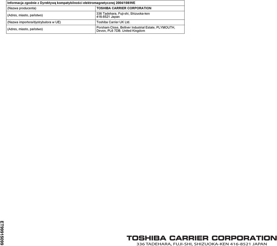 w UE) (Adres, miasto, państwo) 336 Tadehara, Fuji-shi, Shizuoka-ken 416-8521 Japan Toshiba