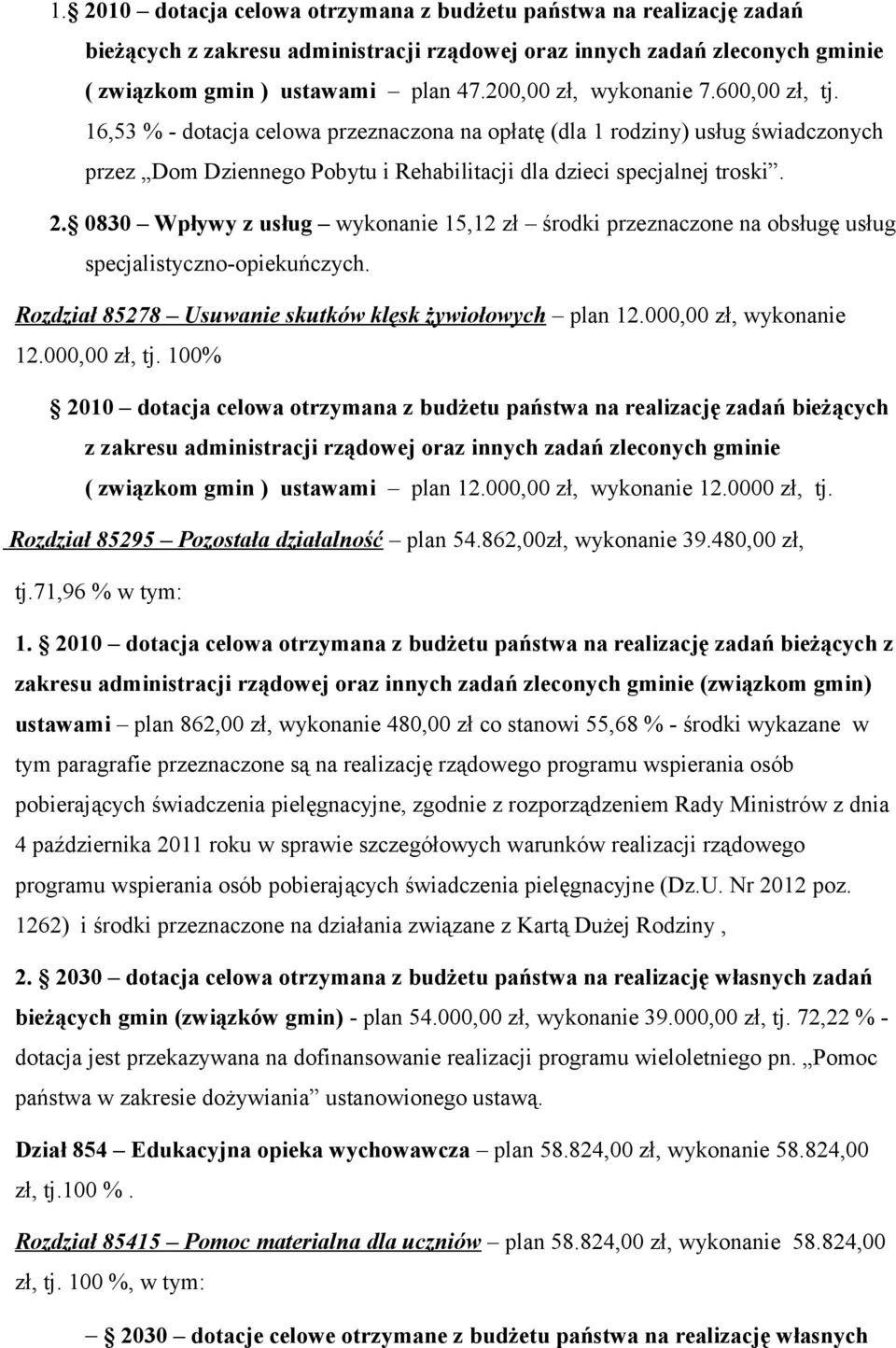 0830 Wpływy z usług wykonanie 15,12 zł środki przeznaczone na obsługę usług specjalistyczno-opiekuńczych. Rozdział 85278 Usuwanie skutków klęsk żywiołowych plan 12.000,00 zł, wykonanie 12.