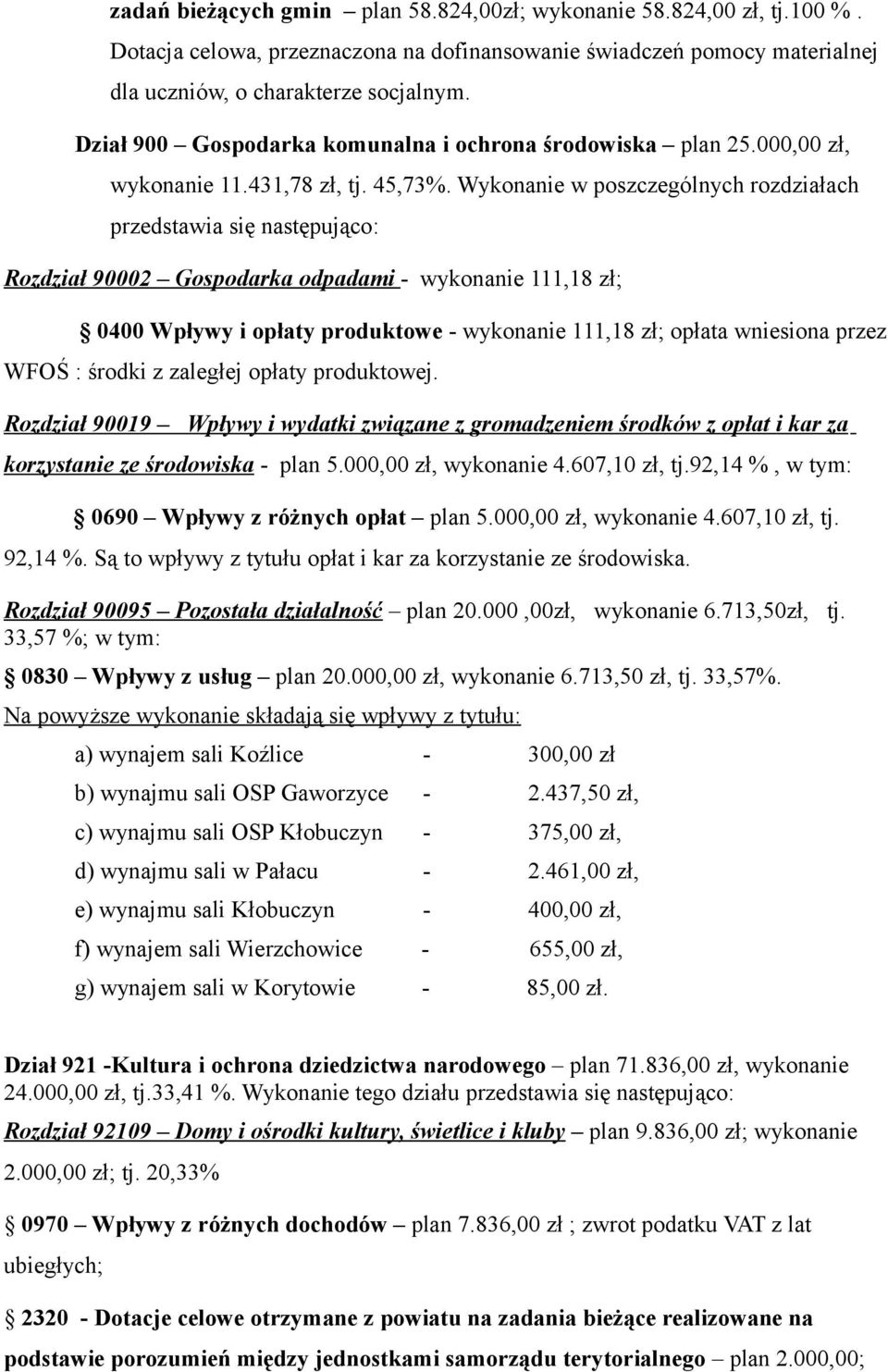 Wykonanie w poszczególnych rozdziałach przedstawia się następująco: Rozdział 90002 Gospodarka odpadami - wykonanie 111,18 zł; 0400 Wpływy i opłaty produktowe - wykonanie 111,18 zł; opłata wniesiona