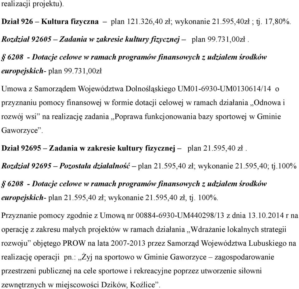 731,00zł Umowa z Samorządem Województwa Dolnośląskiego UM01-6930-UM0130614/14 o przyznaniu pomocy finansowej w formie dotacji celowej w ramach działania Odnowa i rozwój wsi na realizację zadania