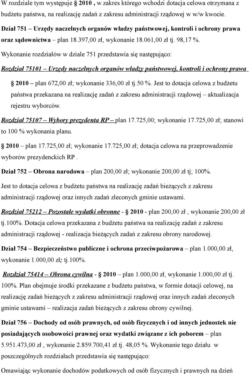 Wykonanie rozdziałów w dziale 751 przedstawia się następująco: Rozdział 75101 Urzędy naczelnych organów władzy państwowej, kontroli i ochrony prawa 2010 plan 672,00 zł; wykonanie 336,00 zł tj.50 %.