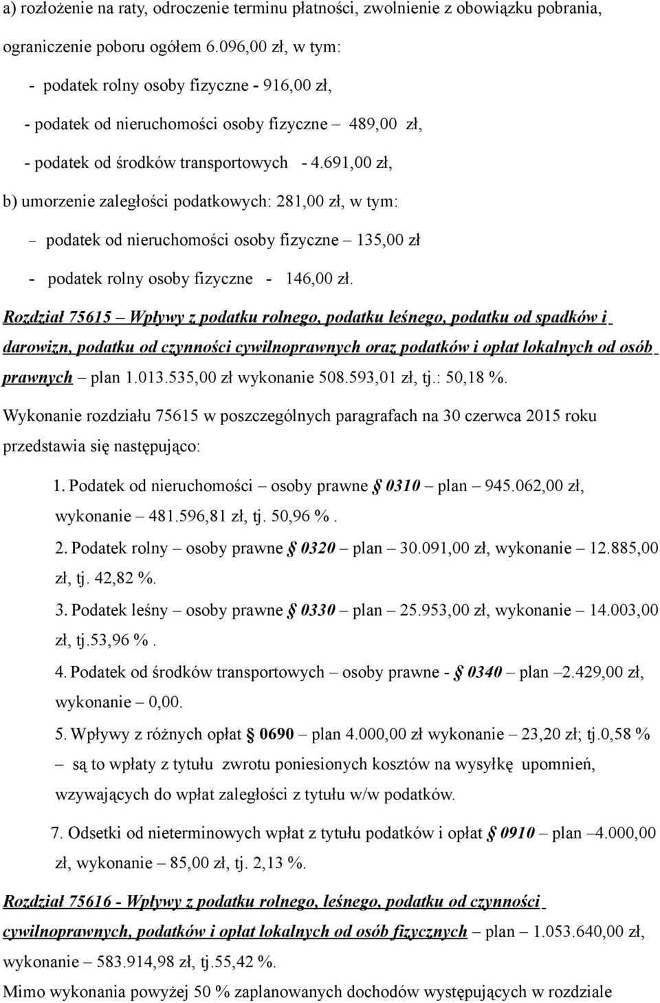 691,00 zł, b) umorzenie zaległości podatkowych: 281,00 zł, w tym: podatek od nieruchomości osoby fizyczne 135,00 zł - podatek rolny osoby fizyczne - 146,00 zł.