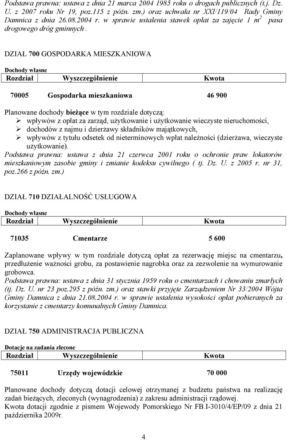 DZIAŁ 700 GOSPODARKA MIESZKANIOWA 70005 Gospodarka mieszkaniowa 46 900 Planowane dochody bieżące w tym rozdziale dotyczą: wpływów z opłat za zarząd, użytkowanie i użytkowanie wieczyste nieruchomości,