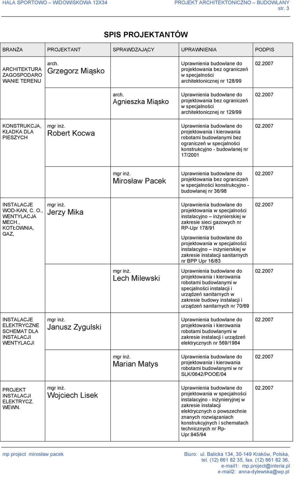 Mirosław Pacek w specjalności konstrukcyjno - budowlanej nr 36/98 INSTALACJE WOD-KAN, C. O., WENTYLACJA MECH.