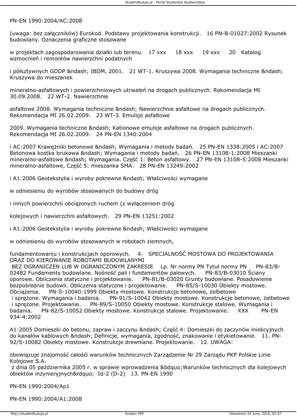 Wymagania techniczne Kruszywa do mieszanek mineralno-asfaltowych i powierzchniowych utrwaleń na drogach publicznych. Rekomendacja MI 30.09.2008. 22 WT-2. Nawierzchnie asfaltowe 2008.