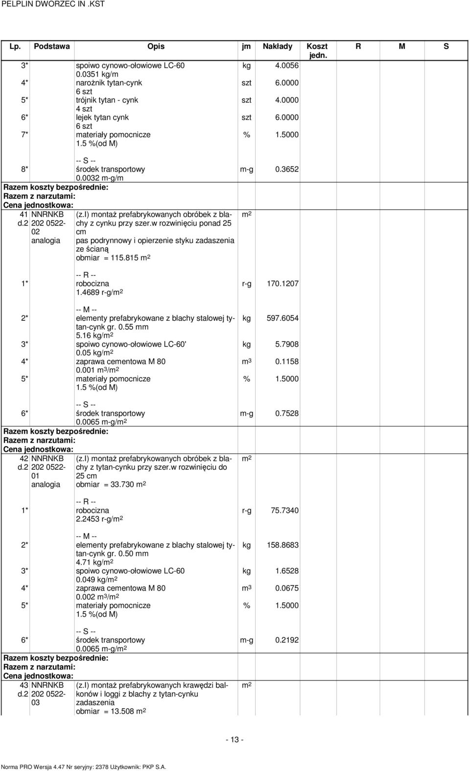 w rozwinięciu ponad 25 c pas podrynnowy i opierzenie styku zadaszenia ze ścianą obiar = 115.815 -g 0.3652 1.4689 r-g/ r-g 170.1207 2* eleenty prefabrykowane z blachy stalowej tytan-cynk gr. 0.55 5.