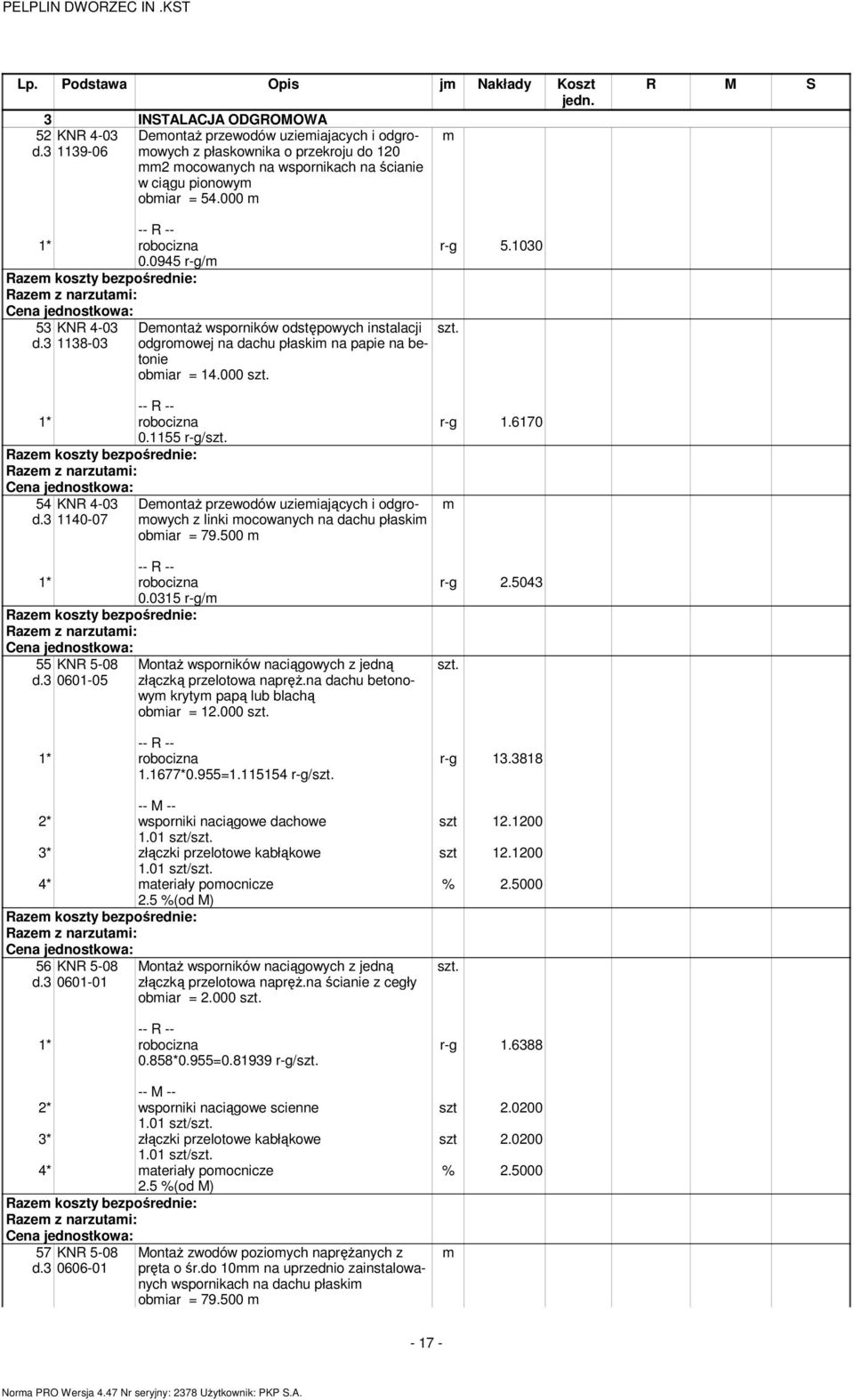 0315 r-g/ 55 KNR 5-08 0601-05 Deontaż przewodów uzieiających i odgroowych z linki ocowanych na dachu płaski obiar = 79.500 Montaż wsporników naciągowych z jedną złączką przelotowa napręż.