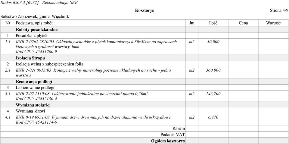 zabezpieczenien folią 2.1 K R 2-02s 0613/03 Izolacje z wełny mineralnej poziome układanych na sucho - jedna warstwa Renowacja podłogi 3 Lakierowanie podłogi 3.