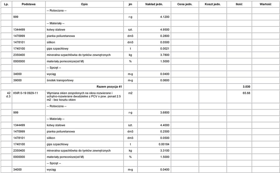 030 42 KNR 0-19 0929-11 Wymiana okien zespolonych na okna rozwierane i uchylno-rozwierane dwudzielne z PCV o pow. ponad 2.5 m2 - bez kosztu okien m2 65.68 999 r-g 3.