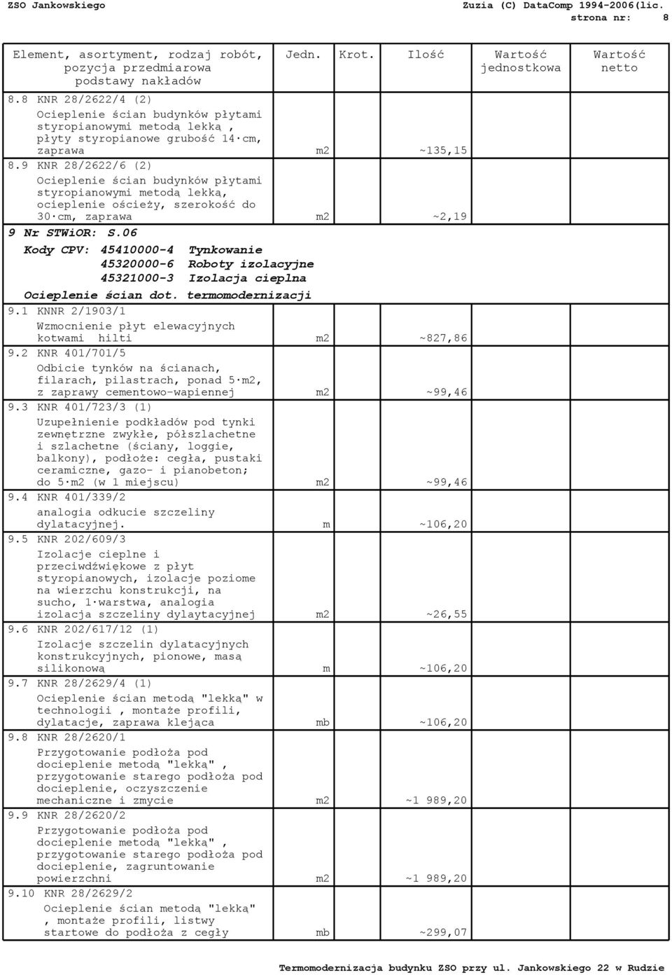 06 Kody CPV: 45410000-4 Tynkowanie 45320000-6 Roboty izolacyjne 45321000-3 Izolacja cieplna Ocieplenie ścian dot. termomodernizacji 9.