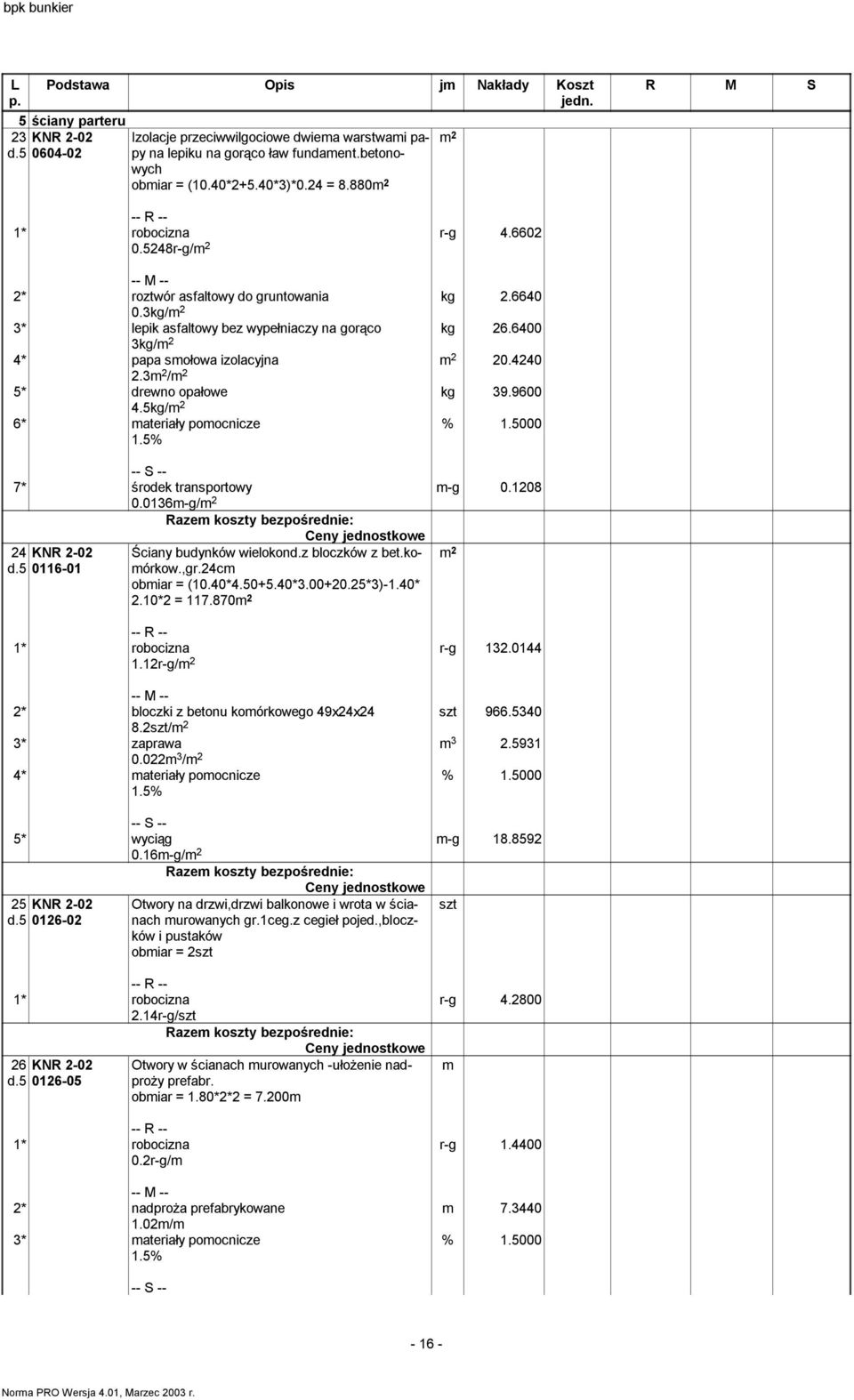 5kg/ 6* materiały pomocnicze 7* środek transportowy 0.0136m-g/ m-g 0.1208 24 KNR 2-02 d.5 0116-01 Ściany budynków wielokond.z bloczków z bet.komórkow.,gr.24cm obmiar = (10.40*4.50+5.40*3.00+20.