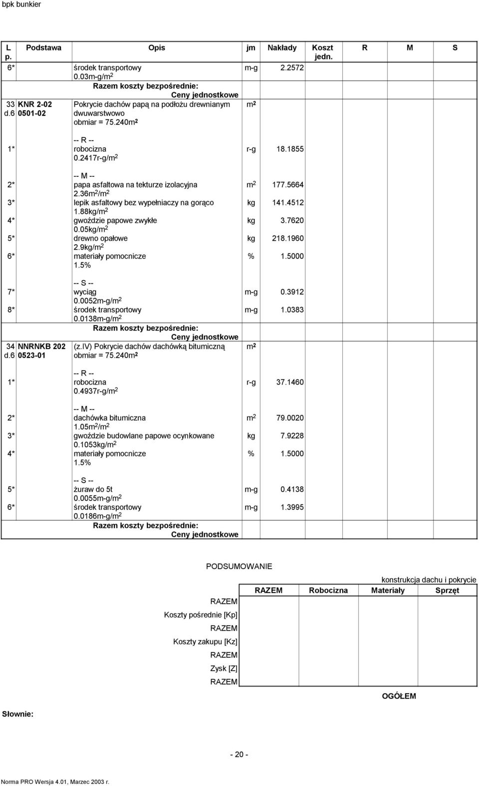 9kg/ 6* materiały pomocnicze 7* wyciąg m-g 0.3912 0.0052m-g/ 8* środek transportowy m-g 1.0383 0.0138m-g/ 34 NNRNKB 202 d.6 0523-01 (z.iv) Pokrycie dachów dachówką bitumiczną obmiar = 75.240 0.