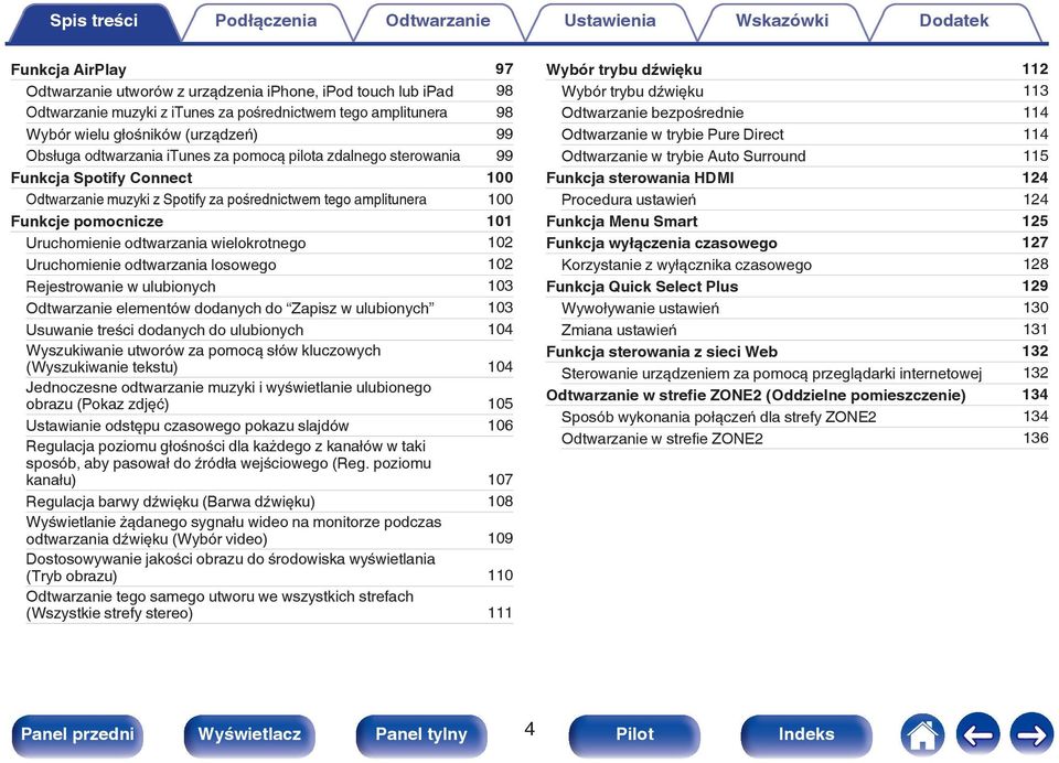 odtwarzania wielokrotnego 102 Uruchomienie odtwarzania losowego 102 Rejestrowanie w ulubionych 103 Odtwarzanie elementów dodanych do Zapisz w ulubionych 103 Usuwanie treści dodanych do ulubionych 104