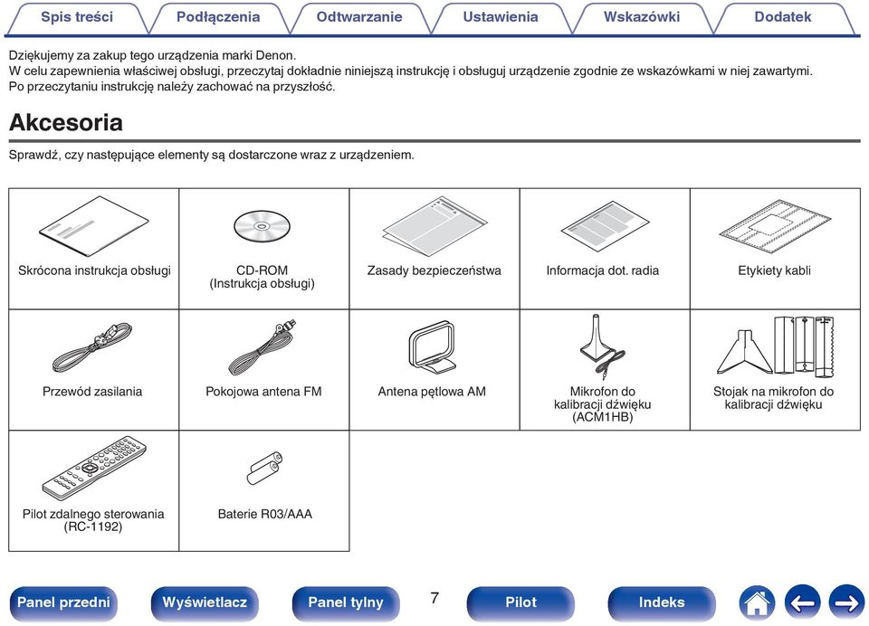 Po przeczytaniu instrukcję należy zachować na przyszłość. Akcesoria Sprawdź, czy następujące elementy są dostarczone wraz z urządzeniem.