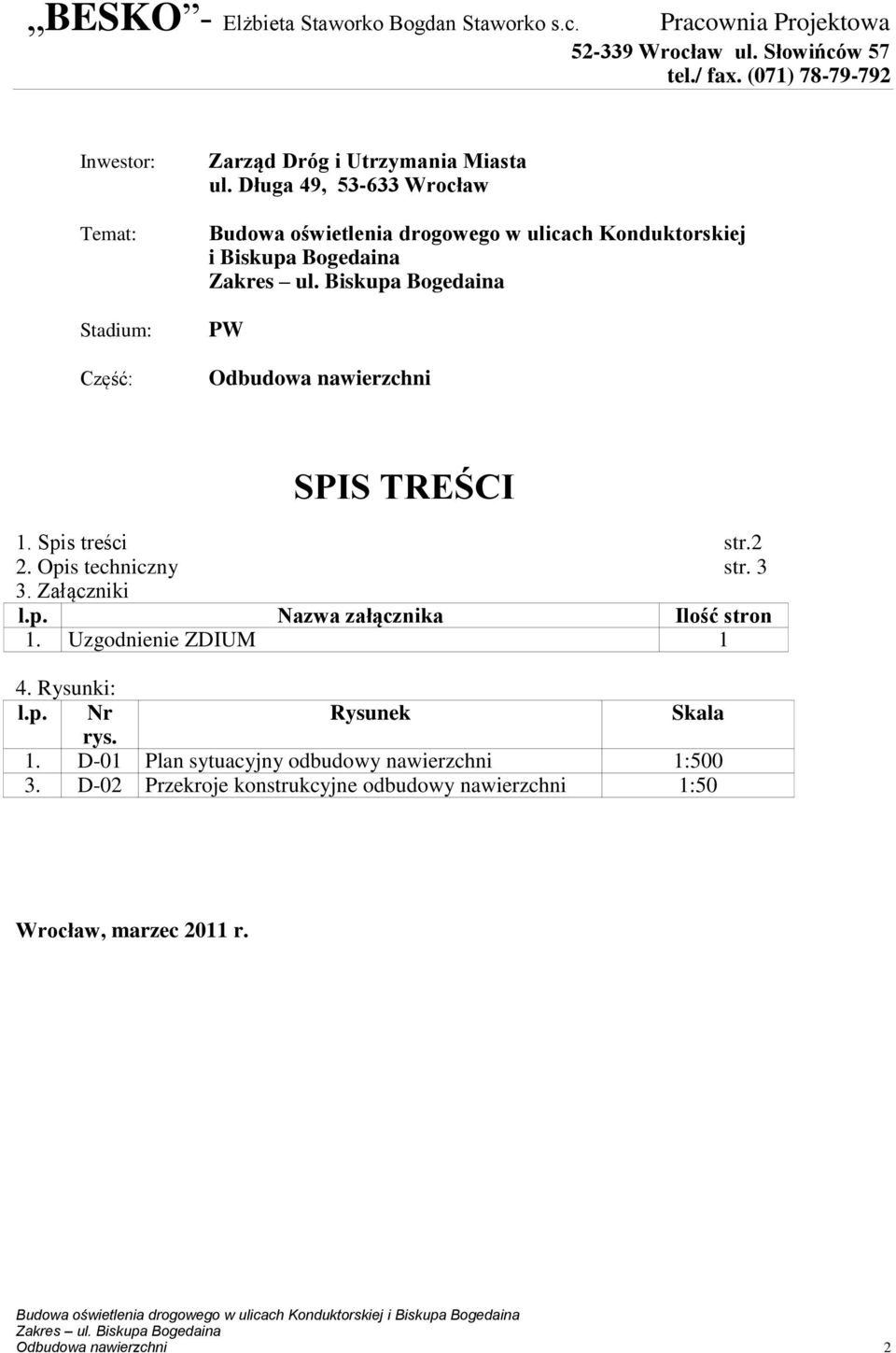 Długa 49, 53-633 Wrocław Budowa oświetlenia drogowego w ulicach Konduktorskiej i Biskupa Bogedaina PW Odbudowa nawierzchni SPIS TREŚCI 1. Spis treści str.2 2.