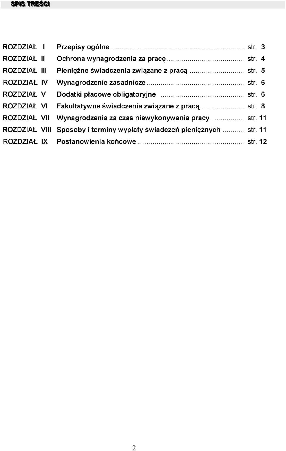 .. str. 8 ROZDZIAŁ VII Wynagrodzenia za czas niewykonywania pracy... str. 11 ROZDZIAŁ VIII Sposoby i terminy wypłaty świadczeń pieniężnych.