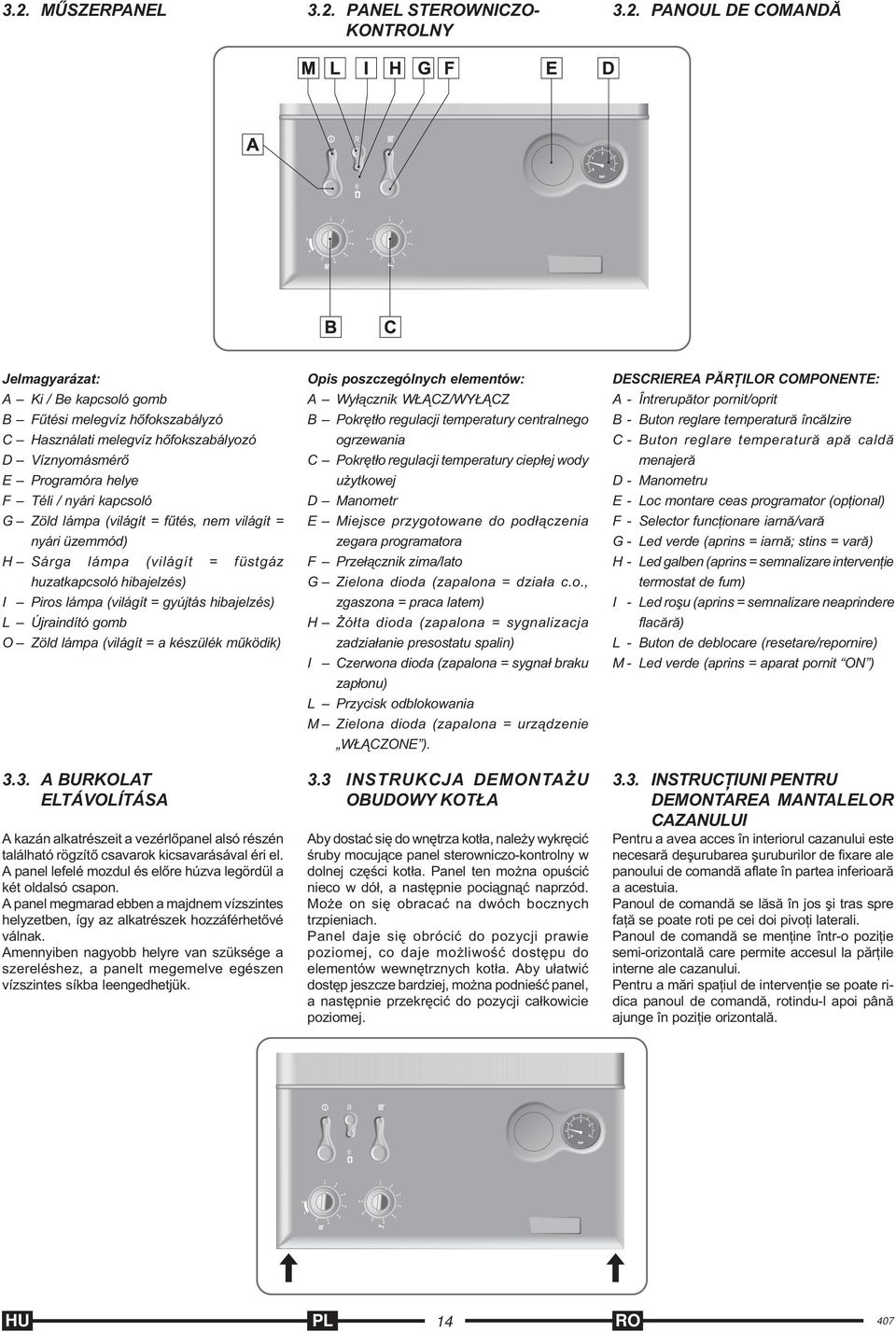 hibajelzés) L Újraindító gomb O Zöld lámpa (világít = a készülék mûködik) 3.3. A BURKOLAT ELTÁVOLÍTÁSA A kazán alkatrészeit a vezérlõpanel alsó részén található rögzítõ csavarok kicsavarásával éri el.