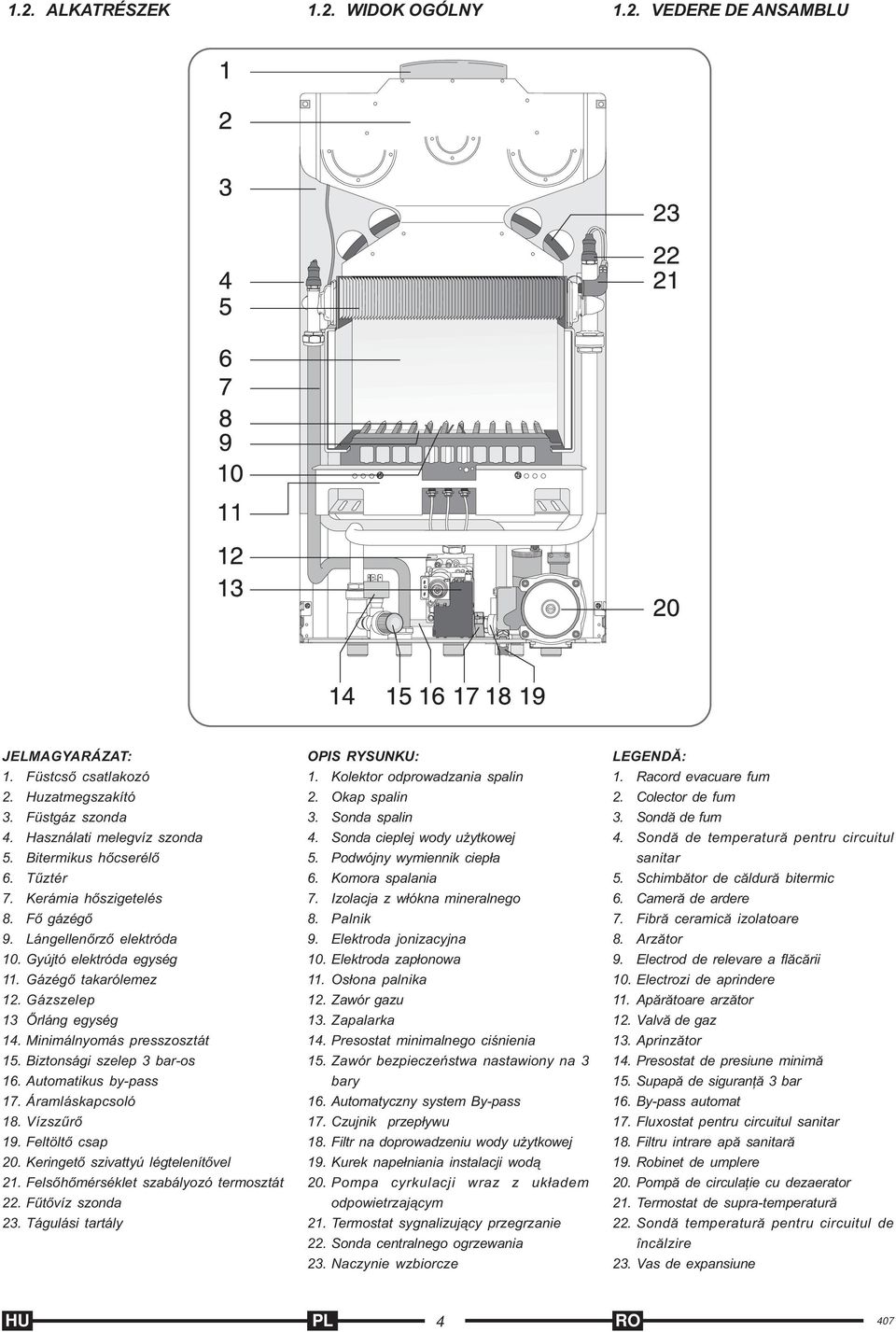 Biztonsági szelep 3 bar-os 16. Automatikus by-pass 17. Áramláskapcsoló 18. Vízszûrõ 19. Feltöltõ csap 20. Keringetõ szivattyú légtelenítõvel 21. Felsõhõmérséklet szabályozó termosztát 22.