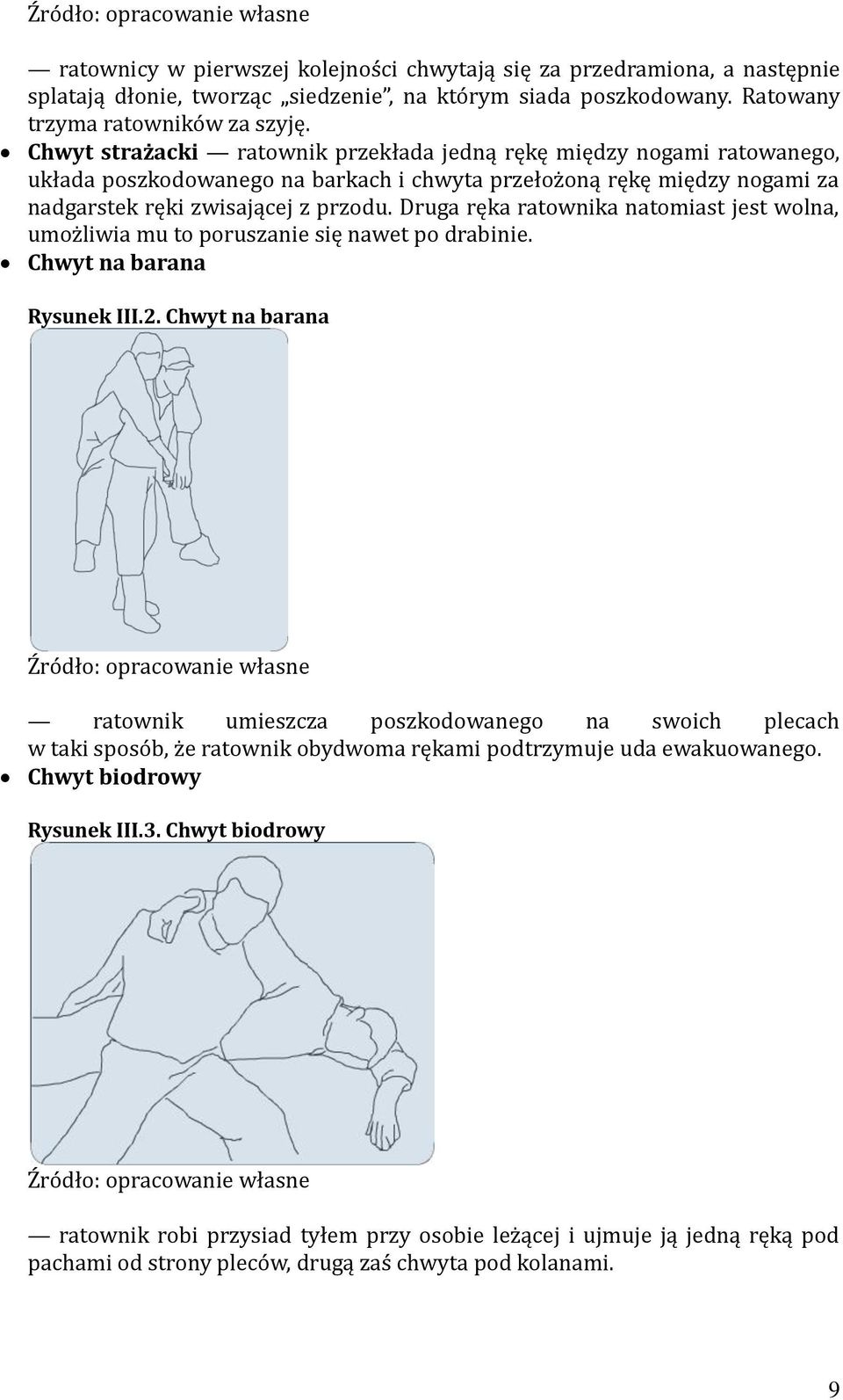 Chwyt strażacki ratownik przekłada jedną rękę między nogami ratowanego, układa poszkodowanego na barkach i chwyta przełożoną rękę między nogami za nadgarstek ręki zwisającej z przodu.
