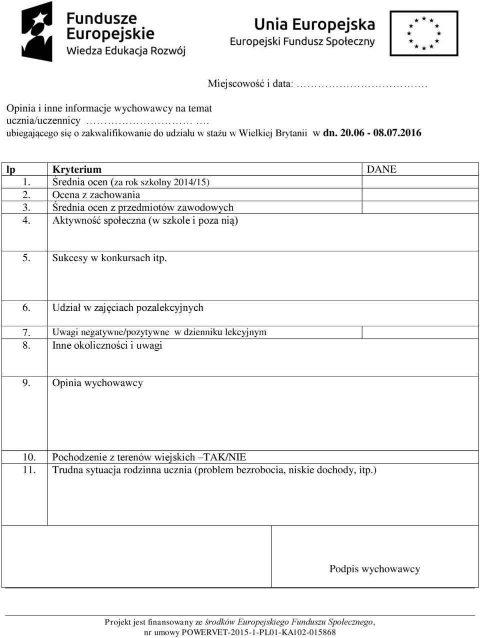 Aktywność społeczna (w szkole i poza nią) 5. Sukcesy w konkursach itp. 6. Udział w zajęciach pozalekcyjnych 7. Uwagi negatywne/pozytywne w dzienniku lekcyjnym 8.