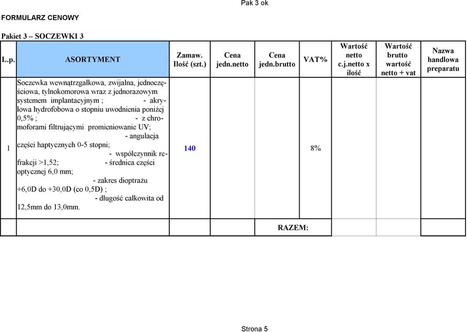 o stopniu uwodnienia poniżej 0,5% ; - z chromoforami filtrującymi promieniowanie UV; - angulacja 1 części haptycznych 0-5 stopni; - współczynnik