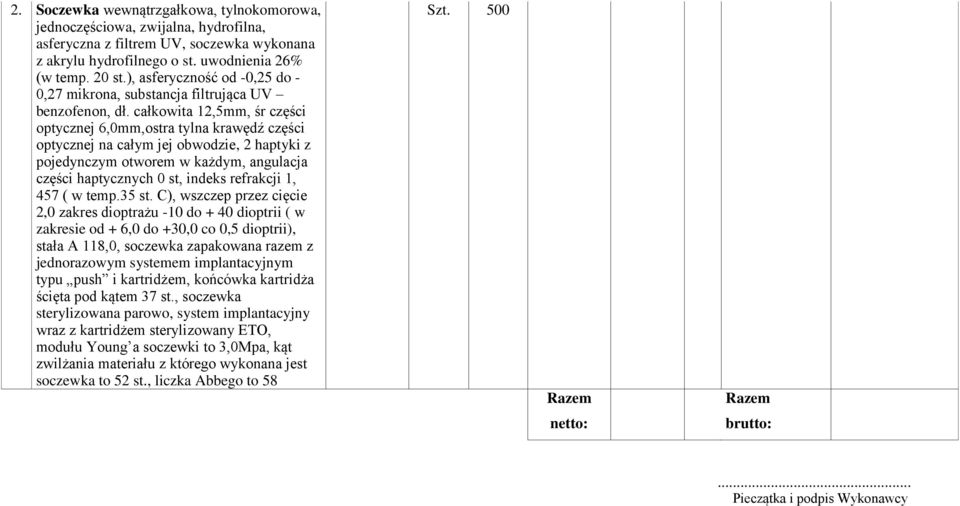 całkowita 12,5mm, śr części optycznej 6,0mm,ostra tylna krawędź części optycznej na całym jej obwodzie, 2 haptyki z pojedynczym otworem w każdym, angulacja części haptycznych 0 st, indeks refrakcji