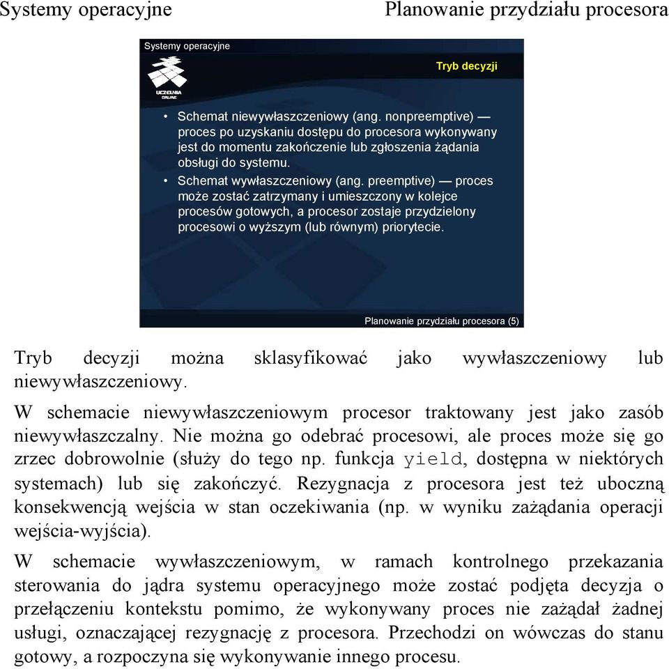 (5) Tryb decyzji można sklasyfikować jako wywłaszczeniowy lub niewywłaszczeniowy. W schemacie niewywłaszczeniowym procesor traktowany jest jako zasób niewywłaszczalny.