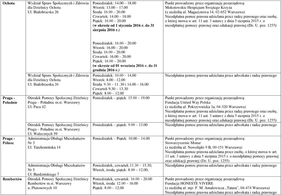 st. Ul. Walecznych 59 Administracja Obsługi Mieszkańców Nr 3 Ul. Tarchomińska 14 Administracja Obsługi Mieszkańców Nr 5 Ul. Burdzińskiego 7 Rembertów m.st. u. Plutonowych 10 Poniedziałek: 16.00 20.