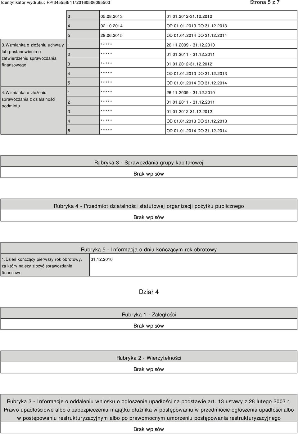 12.2013 5 ***** OD 01.01.2014 DO 31.12.2014 4.Wzmianka o złożeniu sprawozdania z działalności podmiotu 1 ***** 26.11.2009-31.12.2010 2 ***** 01.01.2011-31.12.2011 3 ***** 01.01.2012-31.12.2012 4 ***** OD 01.