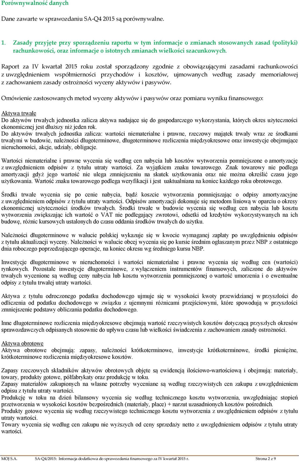 Raprt za IV kwartał 2015 rku zstał sprządzny zgdnie z bwiązującymi zasadami rachunkwści z uwzględnieniem współmiernści przychdów i ksztów, ujmwanych według zasady memriałwej z zachwaniem zasady