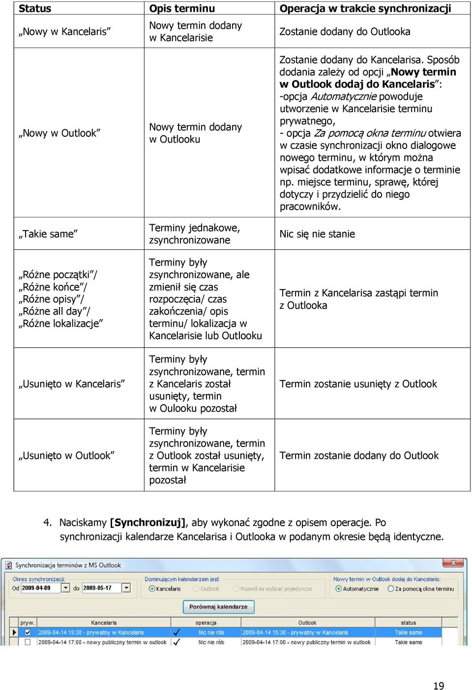 czas rozpoczęcia/ czas zakończenia/ opis terminu/ lokalizacja w Kancelarisie lub Outlooku Terminy były zsynchronizowane, termin z Kancelaris został usunięty, termin w Oulooku pozostał Terminy były