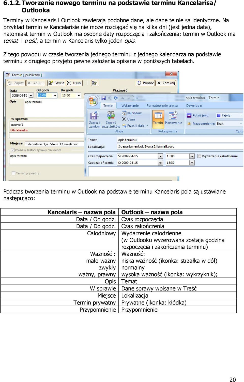 termin w Kancelaris tylko jeden opis. Z tego powodu w czasie tworzenia jednego terminu z jednego kalendarza na podstawie terminu z drugiego przyjęto pewne założenia opisane w poniższych tabelach.