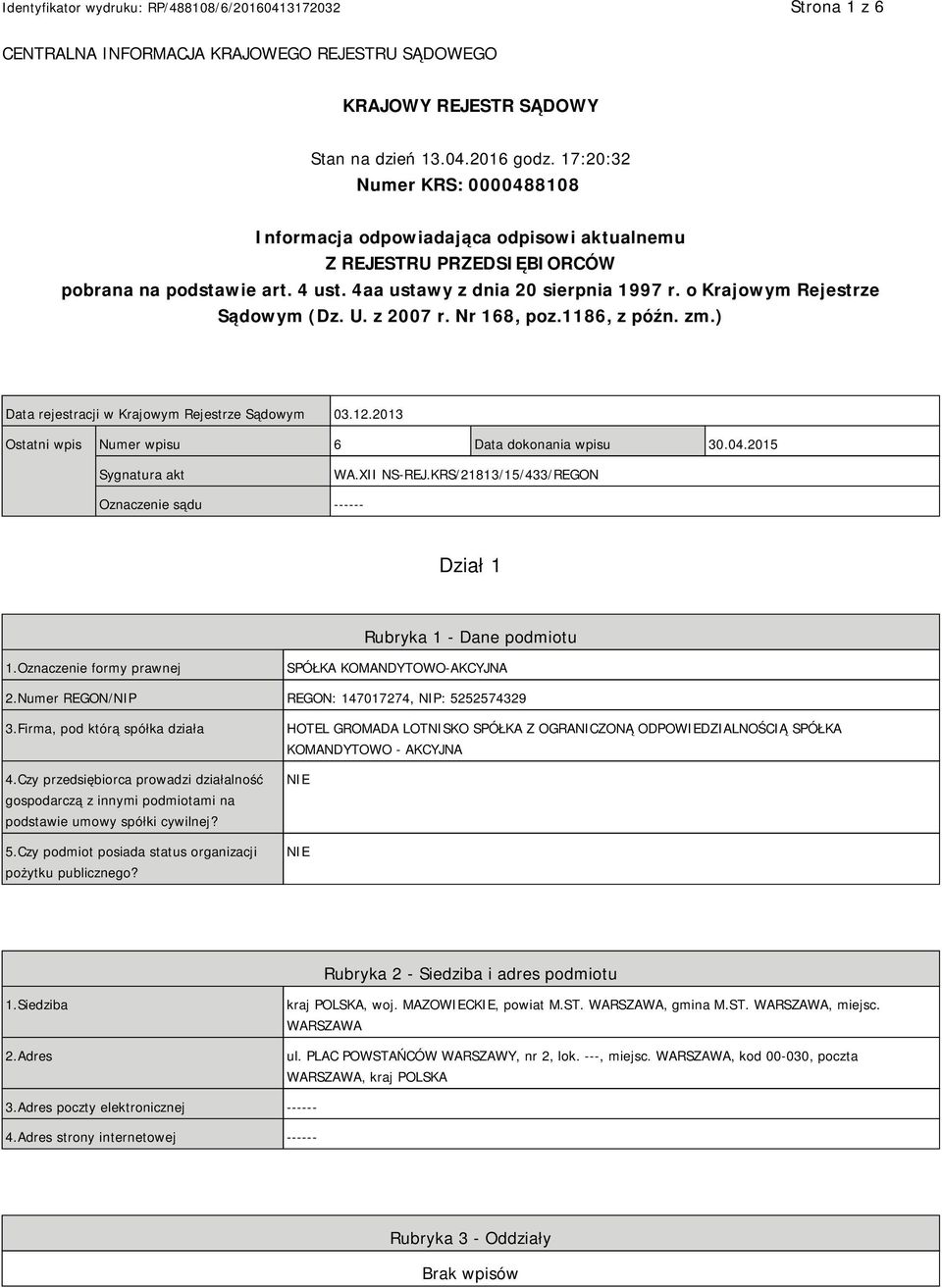 o Krajowym Rejestrze Sądowym (Dz. U. z 2007 r. Nr 168, poz.1186, z późn. zm.) Data rejestracji w Krajowym Rejestrze Sądowym 03.12.2013 Ostatni wpis Numer wpisu 6 Data dokonania wpisu 30.04.