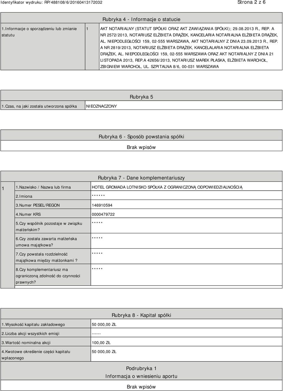 A NR 2819/2013, NOTARIUSZ ELŻBIETA DRĄŻEK, KANCELALARIA NOTARIALNA ELŻBIETA DRĄŻEK, AL. NIEPODLEGŁOŚCI 159, 02-555 WARSZAWA ORAZ AKT NOTARIALNY Z DNIA 21 LISTOPADA 2013, REP.