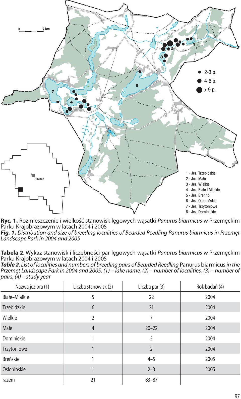 List of localities and numbers of breeding pairs of Bearded Reedling Panurus biarmicus in the Przemęt Landscape Park in 2004 and 2005.
