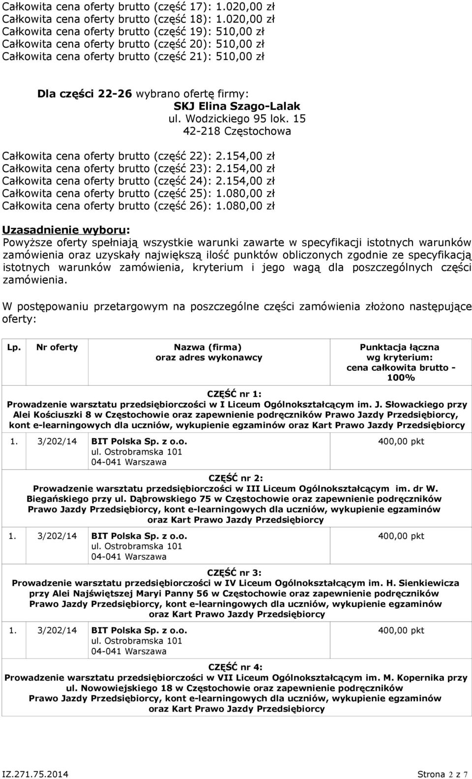 firmy: SKJ Elina Szago-Lalak Całkowita cena oferty brutto (część 22): 2.154,00 zł Całkowita cena oferty brutto (część 23): 2.154,00 zł Całkowita cena oferty brutto (część 24): 2.