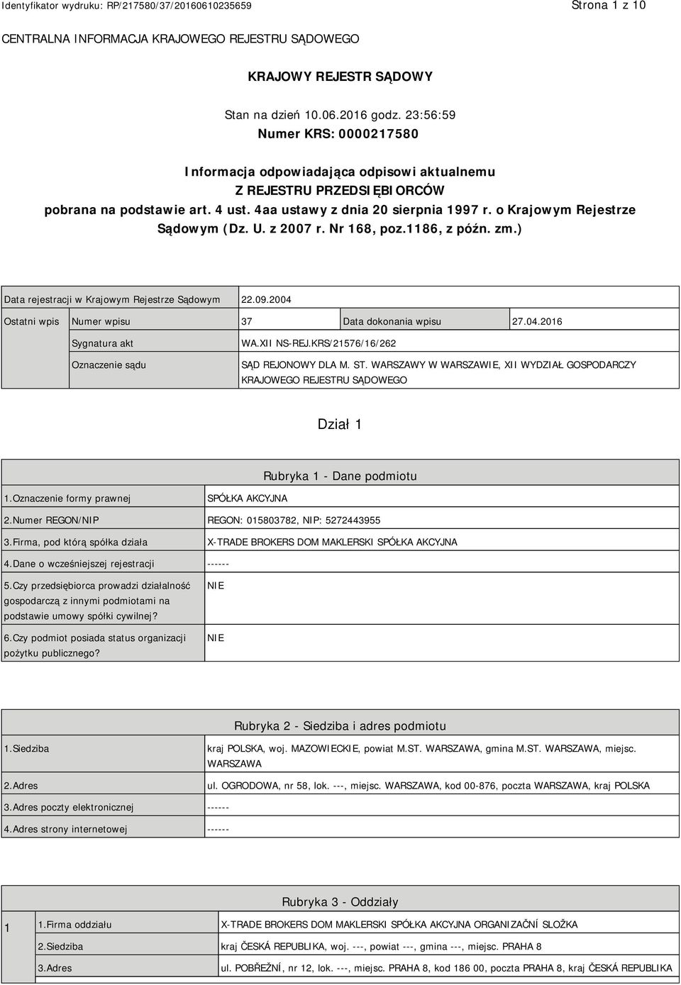 o Krajowym Rejestrze Sądowym (Dz. U. z 2007 r. Nr 168, poz.1186, z późn. zm.) Data rejestracji w Krajowym Rejestrze Sądowym 22.09.2004 Ostatni wpis Numer wpisu 37 Data dokonania wpisu 27.04.2016 Sygnatura akt Oznaczenie sądu WA.