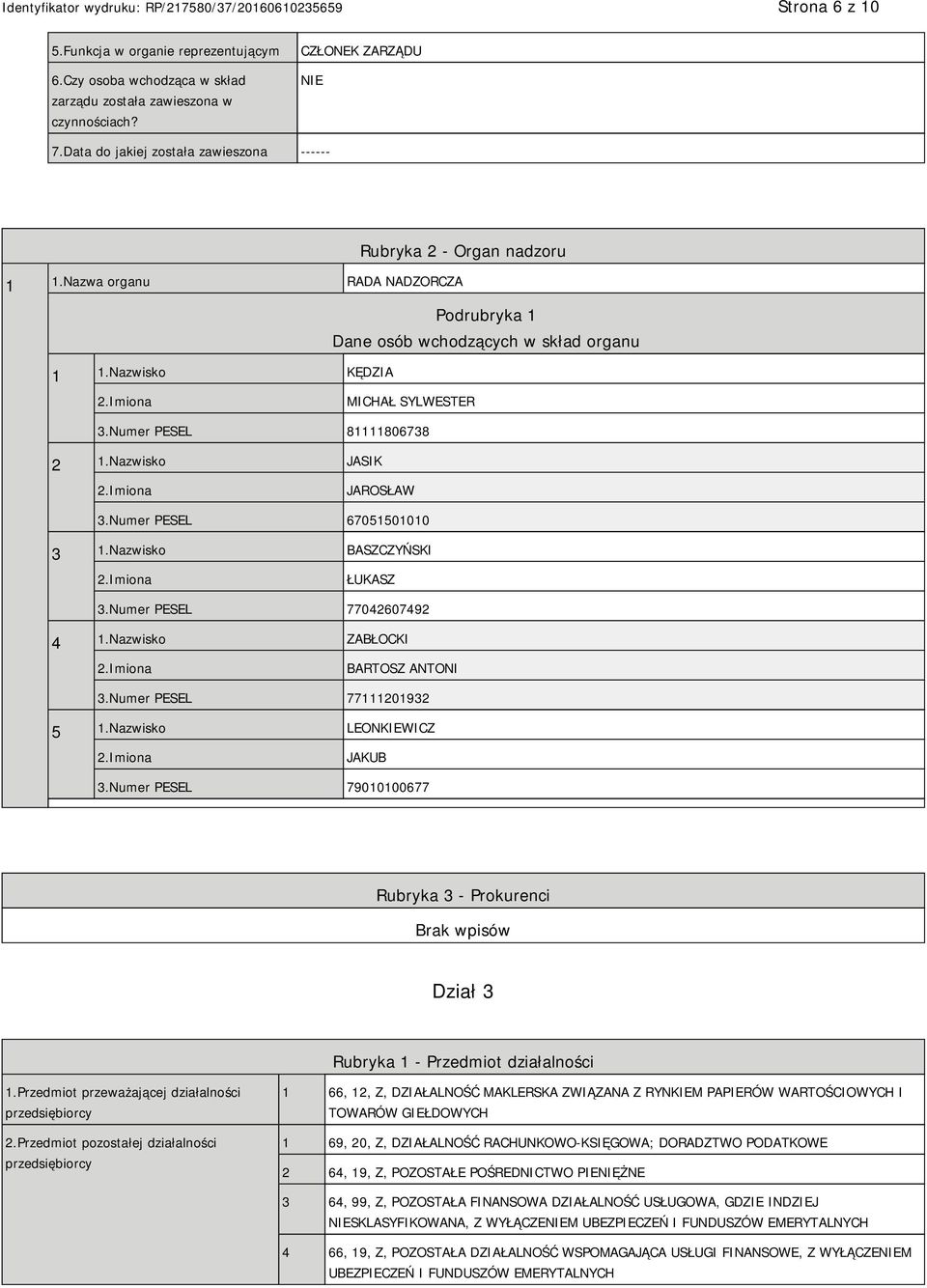 Numer PESEL 81111806738 2 1.Nazwisko JASIK JAROSŁAW 3.Numer PESEL 67051501010 3 1.Nazwisko BASZCZYŃSKI ŁUKASZ 3.Numer PESEL 77042607492 4 1.Nazwisko ZABŁOCKI BARTOSZ ANTONI 3.