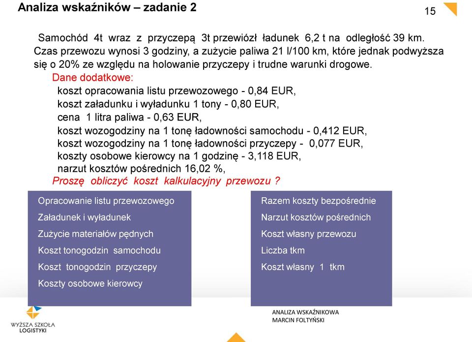 Dane dodatkowe: koszt opracowania listu przewozowego - 0,84 EUR, koszt załadunku i wyładunku 1 tony - 0,80 EUR, cena 1 litra paliwa - 0,63 EUR, koszt wozogodziny na 1 tonę ładowności samocodu - 0,412