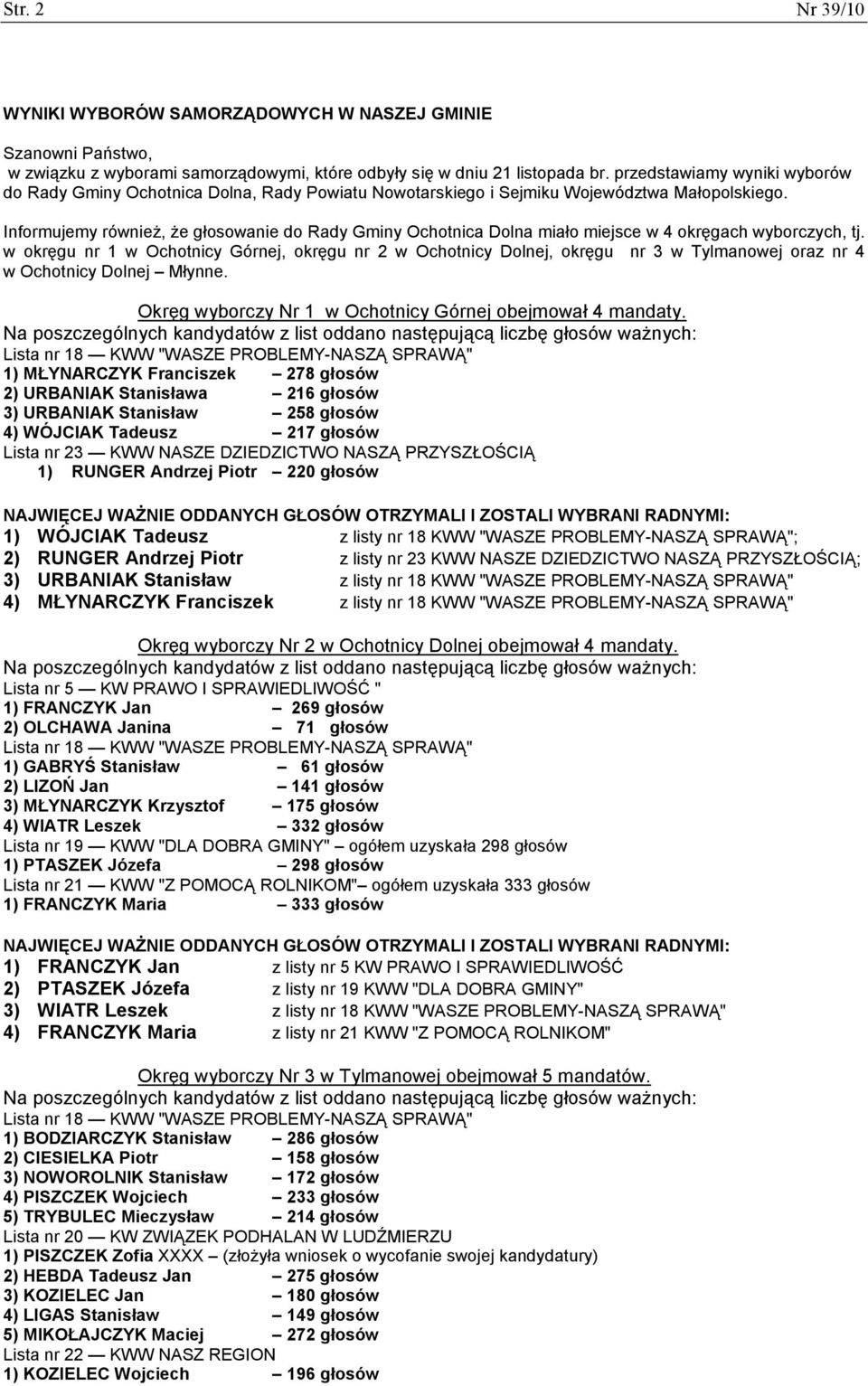 Informujemy równieŝ, Ŝe głosowanie do Rady Gminy Ochotnica Dolna miało miejsce w 4 okręgach wyborczych, tj.